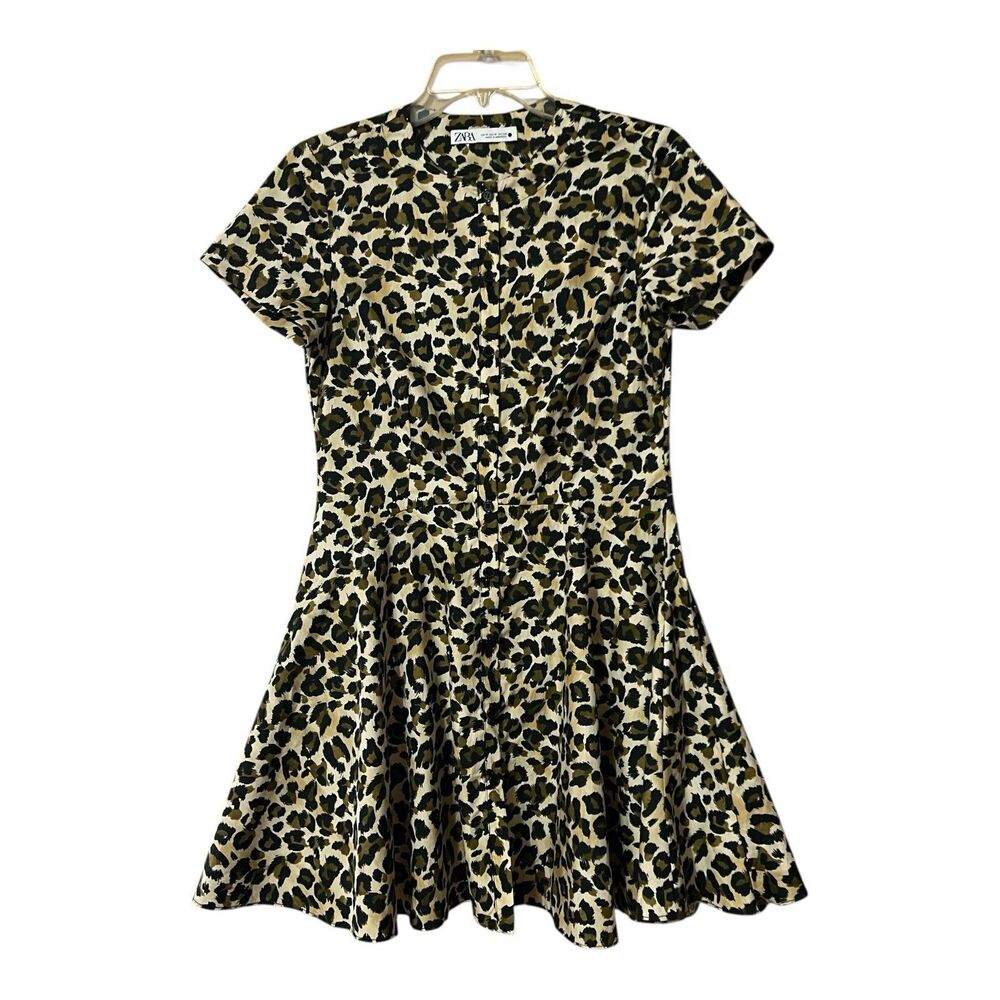 Zara Womens Size M Leopard Print Button Front A-Line Short Dress